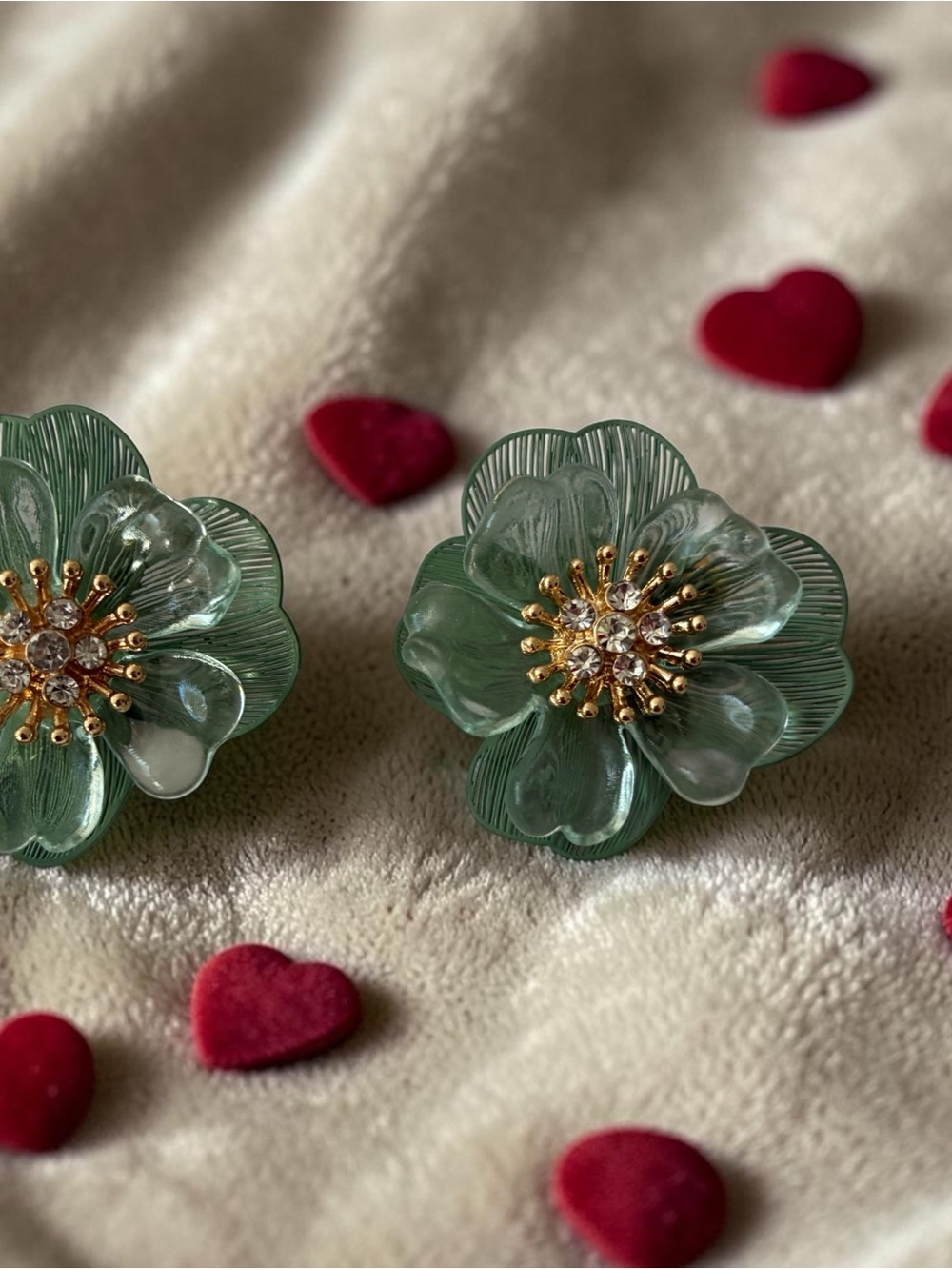 Natasha Denona Translucent Green Floral Crystal Center Clip-On Earrings